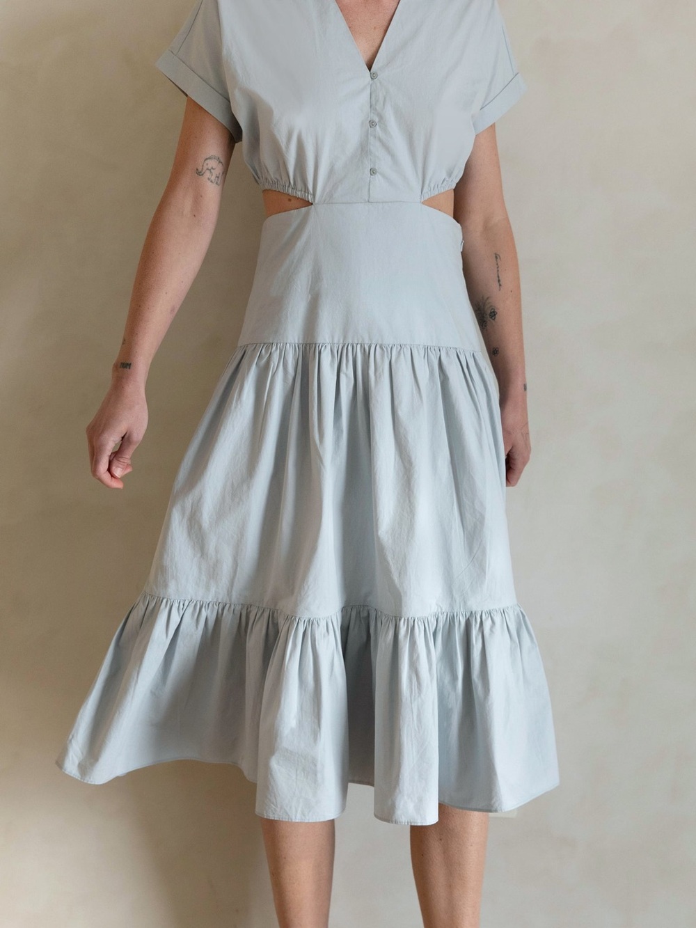 Oak and Forth Tiered Cutout Midi Dress in Pearl Blue